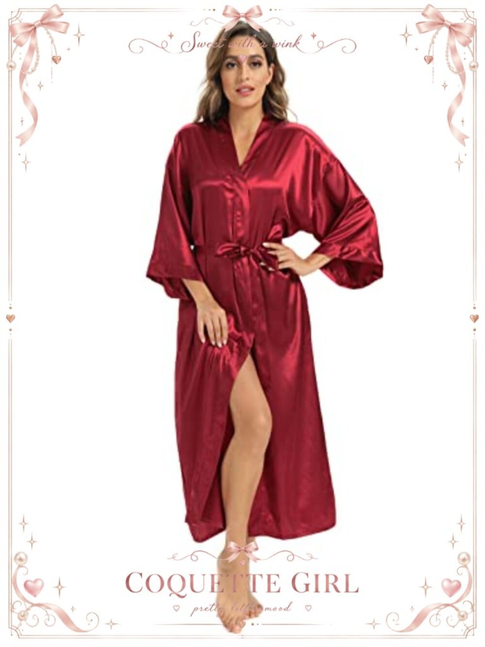 Long Satin Kimono Robe with Pockets - Picture 4 of 5